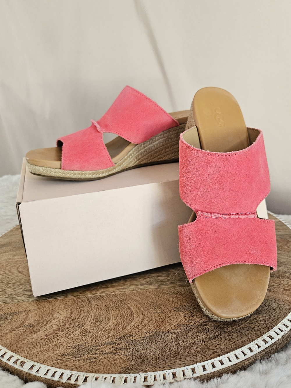 UGG Pink Suede Wedge Slide Sandals